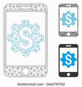 Mesh mobile bank setup model with triangle mosaic icon. Wire carcass polygonal mesh of mobile bank setup. Vector mosaic of triangle parts in different sizes, and color hues.