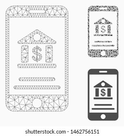 Mesh mobile banking model with triangle mosaic icon. Wire frame polygonal mesh of mobile banking. Vector collage of triangles in various sizes, and color tones. Abstract flat mesh mobile banking,