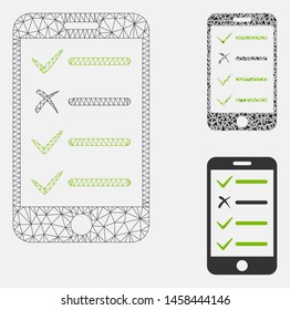 Mesh mobile checklist model with triangle mosaic icon. Wire carcass polygonal mesh of mobile checklist. Vector collage of triangle parts in variable sizes, and color shades.