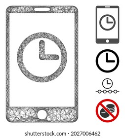 Mesh mobile clock web icon vector illustration. Model is created from mobile clock flat icon. Network forms abstract mobile clock flat model.