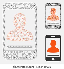 Mesh mobile contact model with triangle mosaic icon. Wire carcass polygonal mesh of mobile contact. Vector mosaic of triangles in different sizes, and color tones. Abstract flat mesh mobile contact,