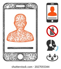 Mesh mobile contact web icon vector illustration. Carcass model is based on mobile contact flat icon. Network forms abstract mobile contact flat model.