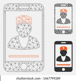 Mesh mobile doctor model with triangle mosaic icon. Wire frame triangular mesh of mobile doctor. Vector collage of triangle elements in various sizes, and color tones. Abstract 2d mesh mobile doctor,