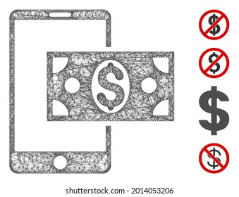 Mesh móvil dólar en efectivo web 2d ilustración vectorial. El modelo Carcass se basa en el icono de caja plana de dólares móviles. Formas de red modelo abstracto de caja móvil en dólares.