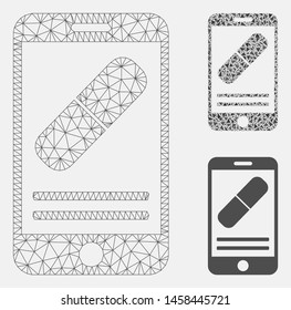 Mesh mobile drugstore model with triangle mosaic icon. Wire carcass triangular mesh of mobile drugstore. Vector collage of triangle elements in different sizes, and color tones.