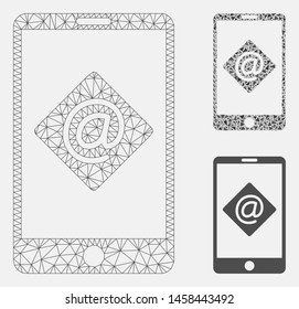 Mesh mobile email model with triangle mosaic icon. Wire carcass triangular mesh of mobile email. Vector mosaic of triangle parts in various sizes, and color shades. Abstract 2d mesh mobile email,