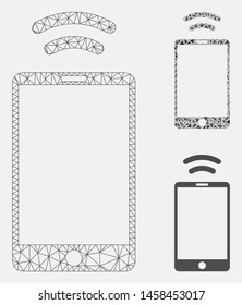 Mesh mobile irda signal model with triangle mosaic icon. Wire carcass triangular mesh of mobile irda signal. Vector mosaic of triangle parts in various sizes, and color tinges.
