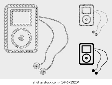 Mesh mobile media player model with triangle mosaic icon. Wire frame triangular mesh of mobile media player. Vector composition of triangle elements in different sizes, and color tints.