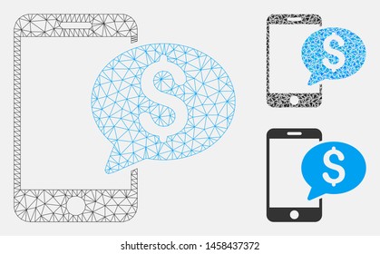 Mesh mobile money message model with triangle mosaic icon. Wire frame polygonal mesh of mobile money message. Vector composition of triangles in different sizes, and color tints.