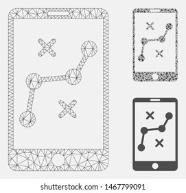 Mesh mobile navigation route model with triangle mosaic icon. Wire frame triangular mesh of mobile navigation route. Vector mosaic of triangles in different sizes, and color tints.