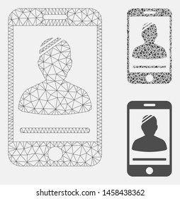 Mesh mobile patient model with triangle mosaic icon. Wire frame triangular mesh of mobile patient. Vector composition of triangle parts in various sizes, and color tones.