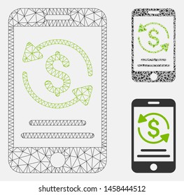Mesh mobile payment model with triangle mosaic icon. Wire frame polygonal mesh of mobile payment. Vector mosaic of triangles in different sizes, and color tones. Abstract flat mesh mobile payment,