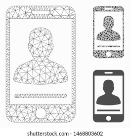 Mesh mobile person contact model with triangle mosaic icon. Wire carcass triangular mesh of mobile person contact. Vector composition of triangle parts in different sizes, and color tones.