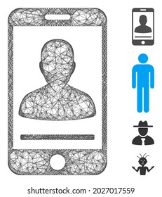 Mesh mobile person contact web 2d vector illustration. Carcass model is based on mobile person contact flat icon. Mesh forms abstract mobile person contact flat carcass.