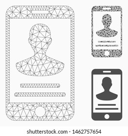 Mesh mobile person details model with triangle mosaic icon. Wire carcass triangular mesh of mobile person details. Vector mosaic of triangle parts in various sizes, and color tinges.