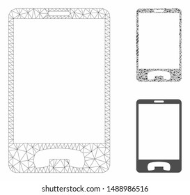 Mesh mobile phone model with triangle mosaic icon. Wire frame polygonal mesh of mobile phone. Vector mosaic of triangle parts in various sizes, and color tints. Abstract flat mesh mobile phone,