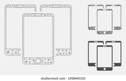 Mesh mobile phones model with triangle mosaic icon. Wire frame triangular mesh of mobile phones. Vector mosaic of triangle elements in different sizes, and color hues. Abstract 2d mesh mobile phones,