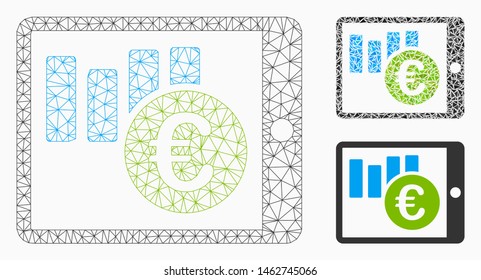 Mesh mobile report model with triangle mosaic icon. Wire carcass triangular mesh of mobile report. Vector mosaic of triangles in different sizes, and color tinges. Abstract flat mesh mobile report,