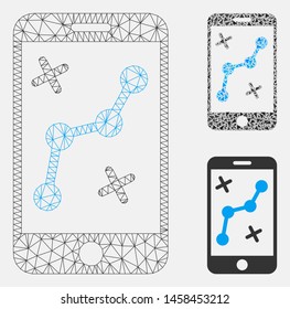 Mesh mobile route map model with triangle mosaic icon. Wire carcass triangular network of mobile route map. Vector mosaic of triangle parts in variable sizes, and color tints.