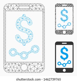 Mesh mobile sales report model with triangle mosaic icon. Wire carcass triangular mesh of mobile sales report. Vector collage of triangle parts in various sizes, and color tinges.