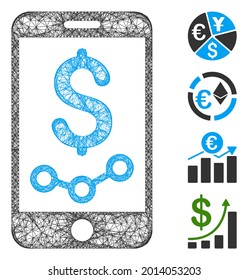 Mesh Mobile Sales report web 2d ilustración vectorial. El modelo se basa en el icono plano del informe de ventas móvil. Los formularios de red resumen modelo de informe de ventas móviles.