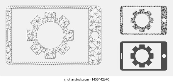 Mesh mobile settings gear model with triangle mosaic icon. Wire frame polygonal mesh of mobile settings gear. Vector mosaic of triangle parts in variable sizes, and color shades.