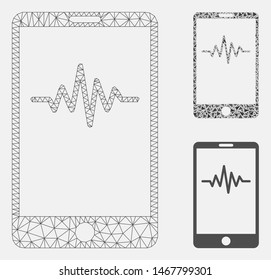 Mesh mobile signal graph model with triangle mosaic icon. Wire carcass polygonal mesh of mobile signal graph. Vector mosaic of triangle elements in variable sizes, and color hues.