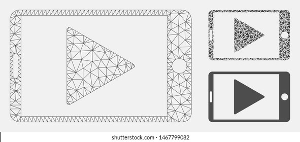 Mesh mobile start play model with triangle mosaic icon. Wire frame polygonal mesh of mobile start play. Vector mosaic of triangles in various sizes, and color shades.
