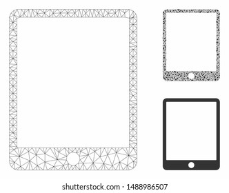 Mesh mobile tablet model with triangle mosaic icon. Wire frame triangular mesh of mobile tablet. Vector composition of triangle parts in variable sizes, and color tints.