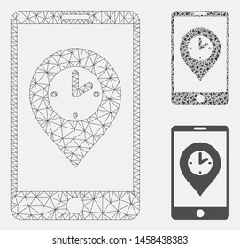 Mesh mobile time pointer model with triangle mosaic icon. Wire carcass polygonal mesh of mobile time pointer. Vector mosaic of triangle parts in variable sizes, and color tints.