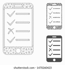 Mesh mobile todo list model with triangle mosaic icon. Wire frame triangular mesh of mobile todo list. Vector mosaic of triangle elements in various sizes, and color hues.