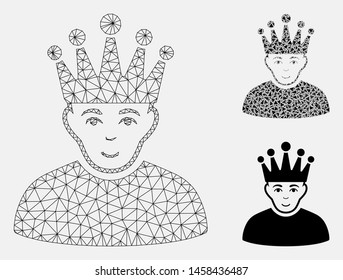 Mesh moderator model with triangle mosaic icon. Wire carcass polygonal network of moderator. Vector mosaic of triangle parts in variable sizes, and color hues. Abstract 2d mesh moderator,