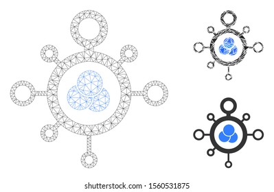 Mesh molecule model with triangle mosaic icon. Wire frame triangular mesh of molecule. Vector collage of triangle elements in various sizes, and color tones. Abstract 2d mesh molecule,