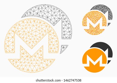 Mesh Monero coins model with triangle mosaic icon. Wire frame polygonal mesh of Monero coins. Vector mosaic of triangle parts in various sizes, and color tinges. Abstract flat mesh Monero coins,
