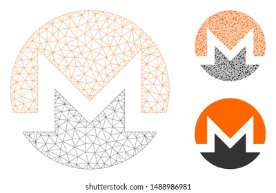Mesh Monero currency model with triangle mosaic icon. Wire frame polygonal mesh of Monero currency. Vector composition of triangle parts in different sizes, and color tinges.