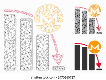 Mesh Monero epic fail chart model with triangle mosaic icon. Wire frame polygonal mesh of Monero epic fail chart. Vector composition of triangle elements in various sizes, and color tints.