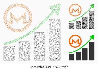 Mesh Monero growing graph model with triangle mosaic icon. Wire carcass triangular network of Monero growing graph. Vector mosaic of triangles in various sizes, and color shades.