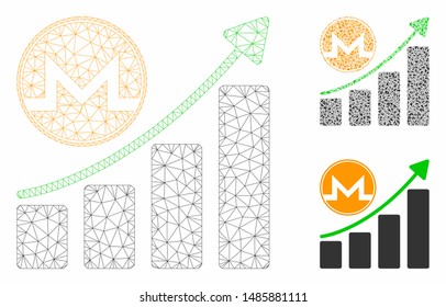 Mesh Monero growth graph model with triangle mosaic icon. Wire frame polygonal mesh of Monero growth graph. Vector mosaic of triangle parts in various sizes, and color shades.