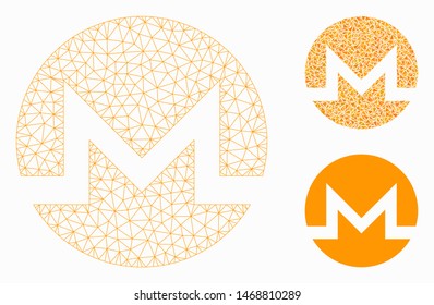 Mesh Monero model with triangle mosaic icon. Wire frame polygonal mesh of Monero. Vector mosaic of triangle parts in variable sizes, and color tones. Abstract flat mesh Monero,