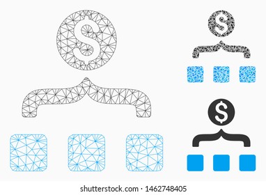 Mesh money aggregator model with triangle mosaic icon. Wire frame polygonal mesh of money aggregator. Vector composition of triangle elements in different sizes, and color tinges.