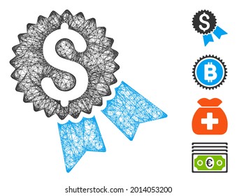 Mesh money award web icon vector illustration. Model is created from money award flat icon. Mesh forms abstract money award flat carcass. Wire frame flat web network isolated on a white background.