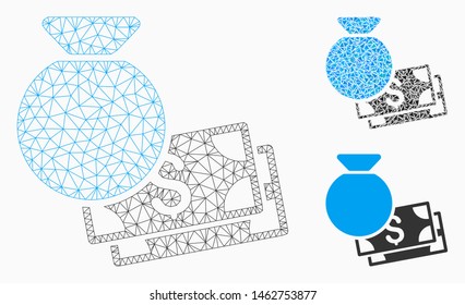 Mesh money bag model with triangle mosaic icon. Wire frame triangular network of money bag. Vector mosaic of triangle elements in variable sizes, and color tints. Abstract 2d mesh money bag,