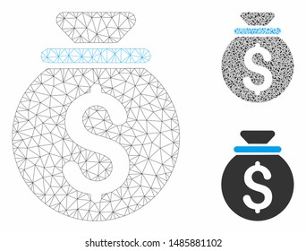 Mesh money bag model with triangle mosaic icon. Wire carcass polygonal mesh of money bag. Vector mosaic of triangle parts in different sizes, and color tinges. Abstract flat mesh money bag,