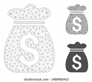 Mesh money bag model with triangle mosaic icon. Wire frame polygonal mesh of money bag. Vector mosaic of triangles in various sizes, and color hues. Abstract flat mesh money bag,