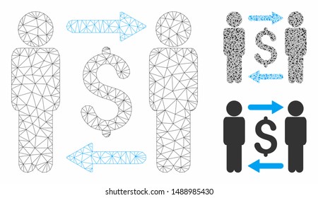 Mesh money changers model with triangle mosaic icon. Wire frame triangular mesh of money changers. Vector mosaic of triangle parts in different sizes, and color tints.