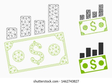 Mesh money charts model with triangle mosaic icon. Wire frame polygonal mesh of money charts. Vector mosaic of triangles in various sizes, and color tints. Abstract flat mesh money charts,