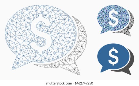 Mesh money chat model with triangle mosaic icon. Wire carcass triangular mesh of money chat. Vector mosaic of triangle parts in various sizes, and color hues. Abstract flat mesh money chat,