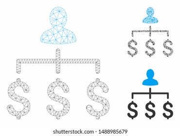 Mesh money collector model with triangle mosaic icon. Wire carcass triangular mesh of money collector. Vector collage of triangle elements in various sizes, and color hues.