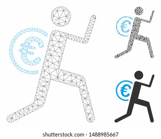 Mesh money courier model with triangle mosaic icon. Wire frame triangular network of money courier. Vector mosaic of triangle parts in different sizes, and color tints.