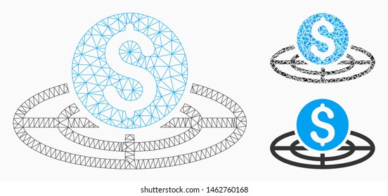 Mesh money crosshair model with triangle mosaic icon. Wire carcass triangular mesh of money crosshair. Vector composition of triangle parts in various sizes, and color shades.